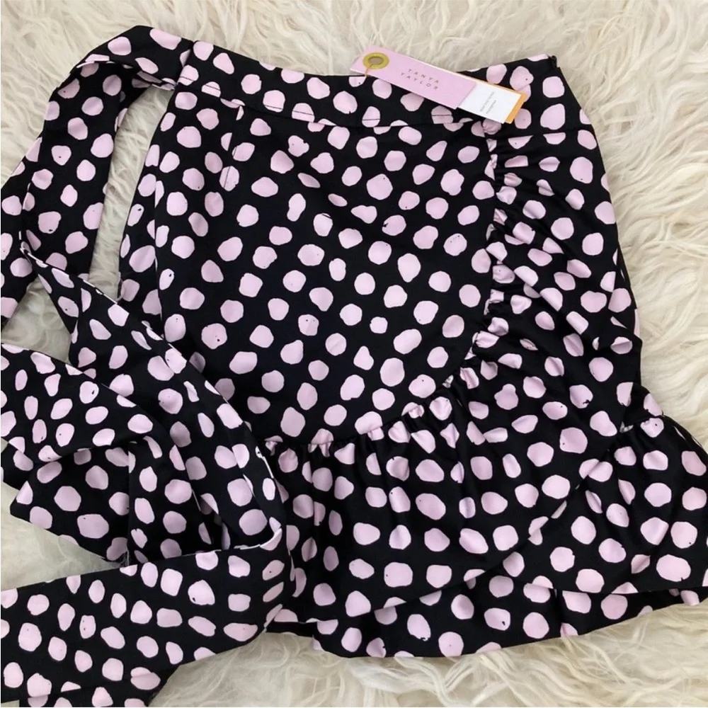 Tanya Taylor Daphne Polka Dot Flounce Ruffle Mini Skirt in Black & Pink - NWT